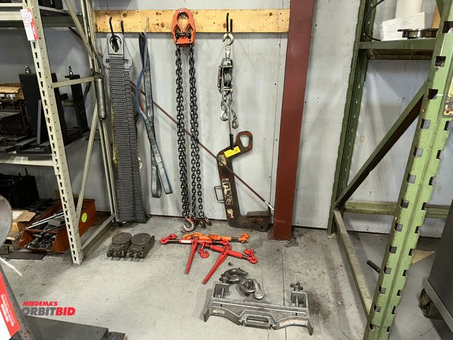 Lot 1-19236 - Lot of assorted lifting and rigging materials, includes (1) approx. 10' x 6" chain type lift sling, ...