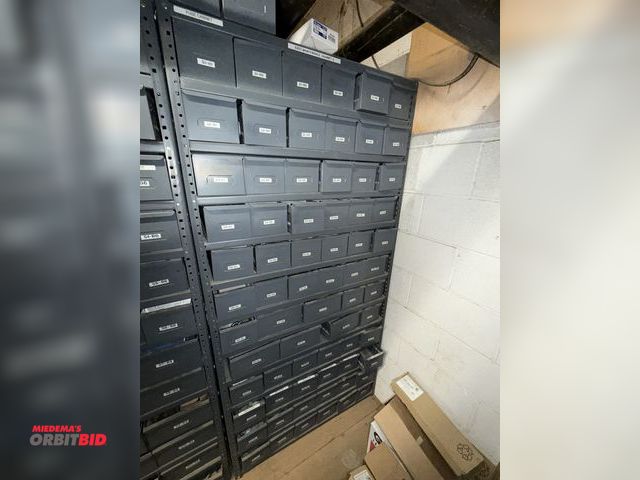 Lot 1-16828 - (1) metal parts bin shelving unit, approx. 36.5" wide x 17.5" deep x 73" tall, includes contents of ...