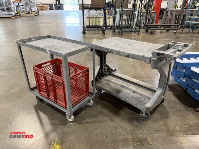 Lot 1-5146 - (1) 32" width x 35" height x 18" depth 2-tier steel cart, (1) approx. 44" length x 32" height x 22" ...
