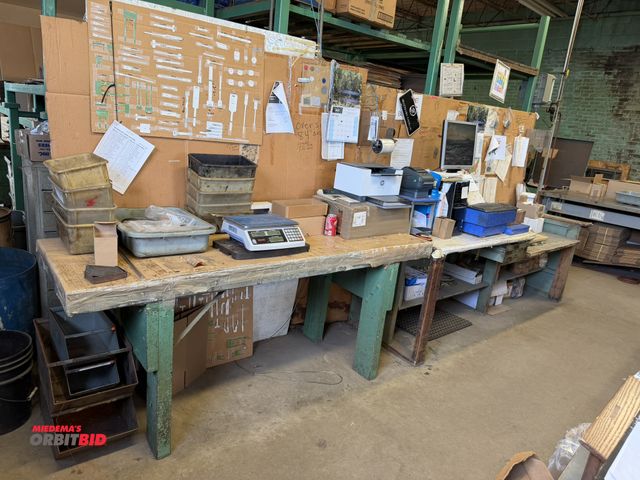 Lot 1-18831 - Lot including (1) 77" width x 33" height x 27" depth wood work bench, (1) 90" width x 31" height x 2...