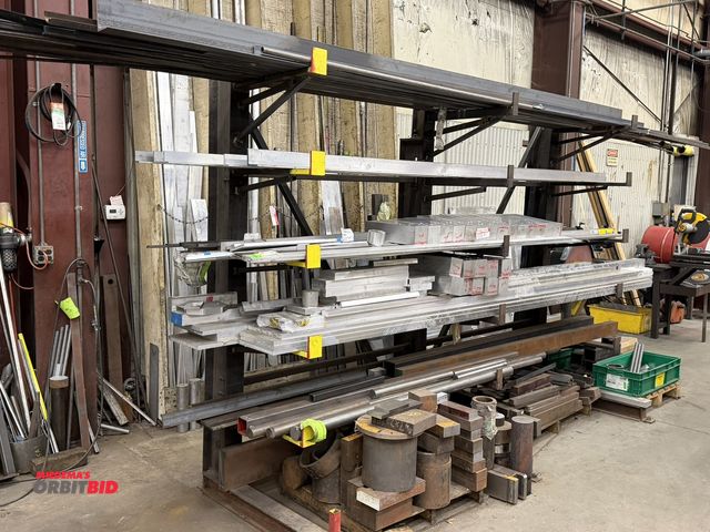 Lot 1-15379 - (1) heavy duty 3-post cantilever rack, approx. 10' long x 42" deep x approx. 89" tall, with assorted...