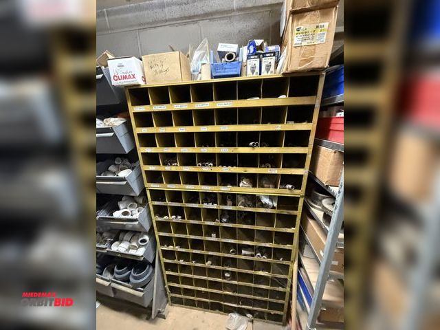 Lot 1-16826 - (1) 40-slot metal parts bin, 35.5" wide x approx. 10" deep x 21.5" tall, includes contents of assort...