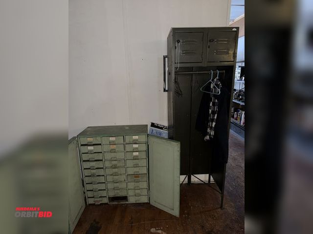 Lot 1-4798 - (1) vintage 27-drawer parts cabinet (1 drawer is missing), 30.5" wide x 13.5" deep x 37" tall, (1) s...