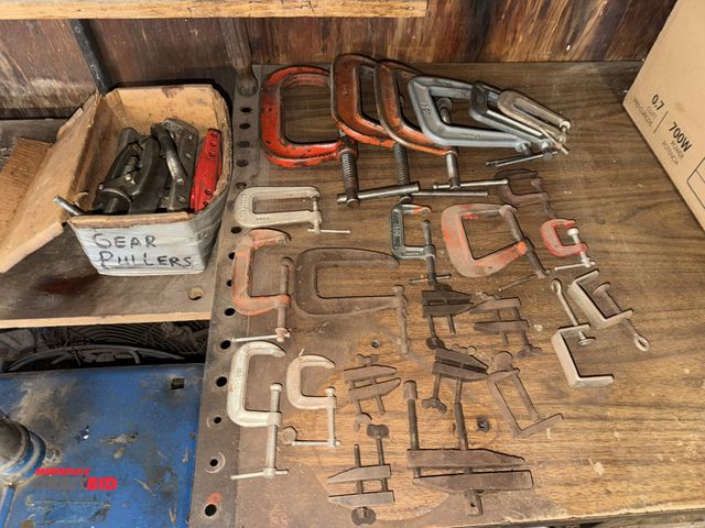 Lot 1-12120 - Large lot of assorted C-clamps, various sizes up to 5", down to 1", and (1) gear puller set.