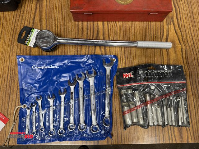 Lot 1-11074 - Lot including (1) Companion wrench set, sizes 1/4" through 3/4" with roll up case, (1) new Pittsburg...