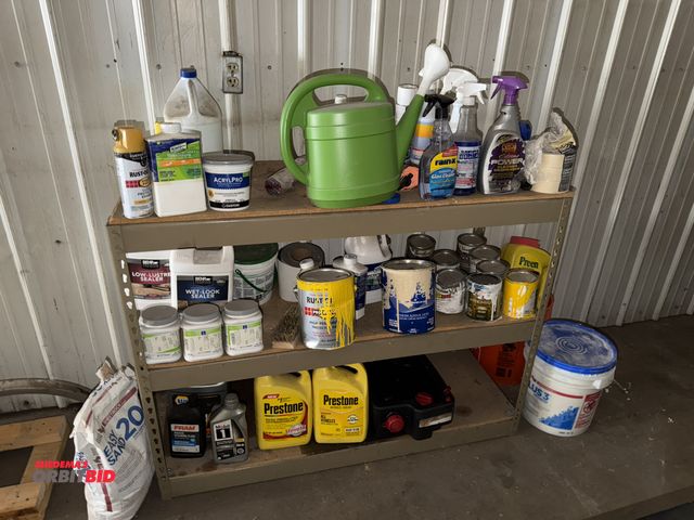 Lot 1-13189 - (1) shelf with assorted oils and sprays, includes antifreeze, paint, sealer, Rain-X glass cleaner, a...