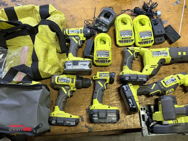 Lot 1-18504 - Large lot of assorted Ryobi 18V, rechargeable, cordless power tools, includes model PCL500, 5.5" cir...