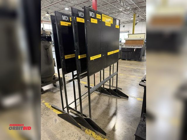 Lot 1-5153 - Lot of (6) various steel 6' tall notification stands, includes 5 with a 4' x 3' board, 1 with a 5' x...