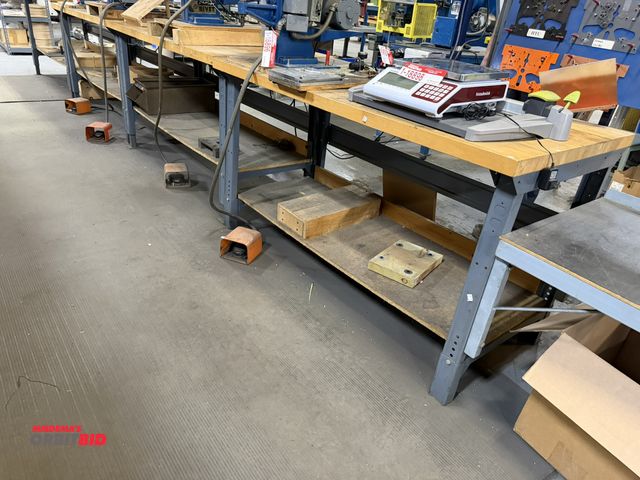 Lot 1-18899 - (3) butcher block style, metal framed tables, 60" x 30", does not include contents, table, only.