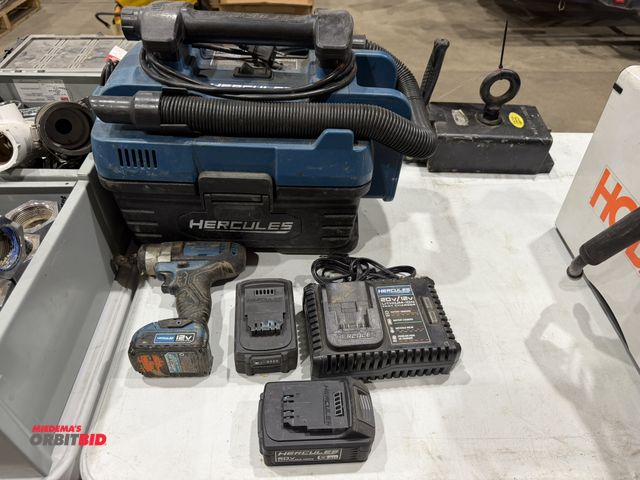 Lot 1-18633 - (1) Hercules 20V/120 VAC dual power, 2-gallon wet/dry portable vacuum, (1) 12V, 1/4" drive impact, (...
