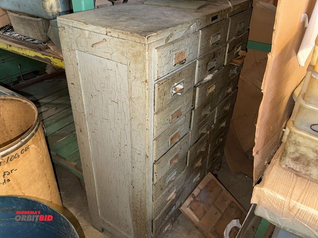 Lot 1-18855 - (1) 33.5" width x 44" height x 15" depth wood card filer with 27 drawers.