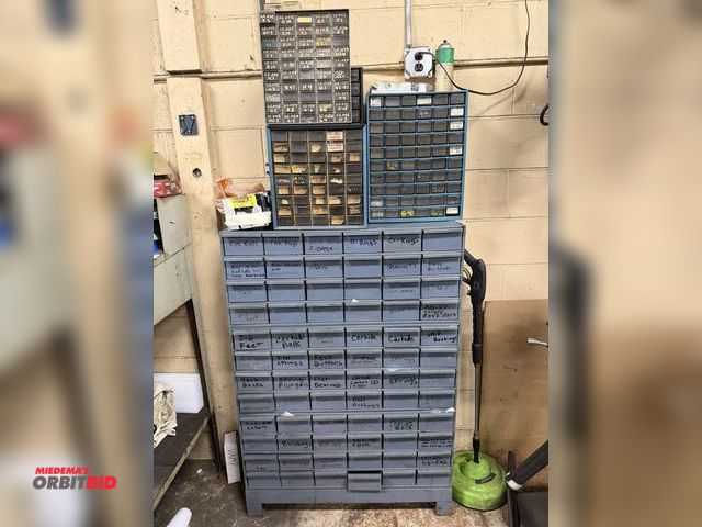 Lot 1-12501 - (1) 34" width x 44" height x 12" depth hardware storage unit on a 5" tall steel stand, with 72 steel...