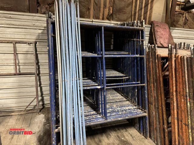 Lot 1-2607 - Lot of (28) scaffolding uprights, 60" x 76" tall, includes (8) cross beams.  (Greg)