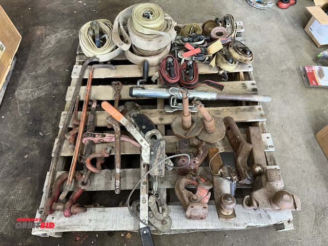 Lot 1-14129 - (2) hitches with a 2" ball, (1) hitch 1 5/8" ball, (2) pintle hitch receivers, (2) wire type come-al...