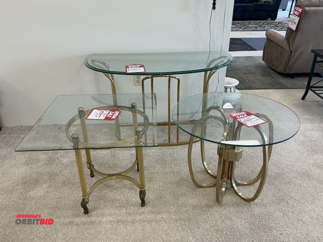 Lot 1-17362 - Set of (3) glass top side tables. (1) Square table  26” x 26” x 21” tall (1) circle table  28” x 21”...
