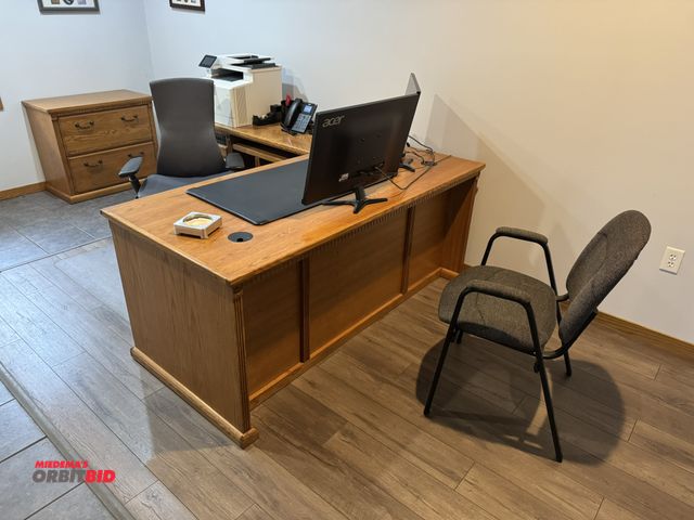 Lot 1-19584 - (1) 68" width x 29.5" height x 80" depth L-shaped wood desk with 6 drawers (2 are file drawers), (1)...