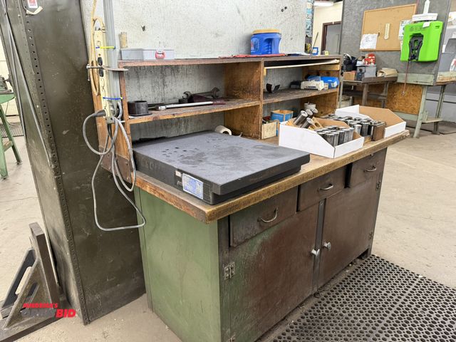 Lot 1-1751 - (1) 60" x 30" deep metal shop table with upper shelves, includes (1) 24" x 18" x 3" black granite su...