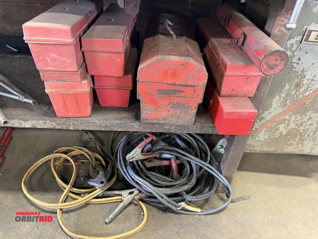 Lot 1-18531 - Lot of assorted safety triangles (with case), and approx. (4) sets of jumper cables.