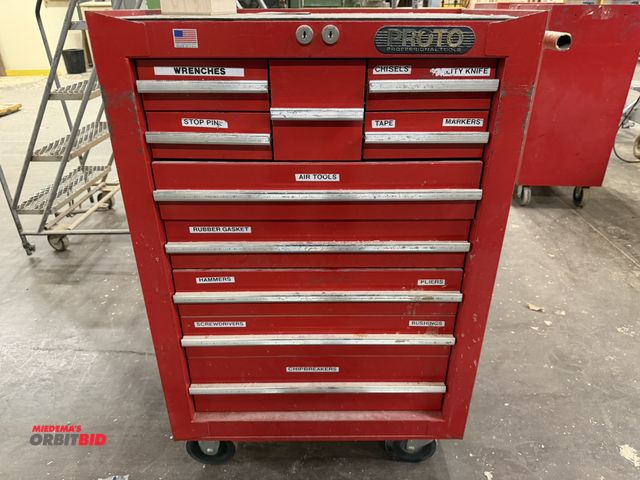 Lot 1-16922 - (1) Proto rolling tool chest, 27" x 18" x 40" tall, with assorted sandpaper, stop dowels, rubber gas...