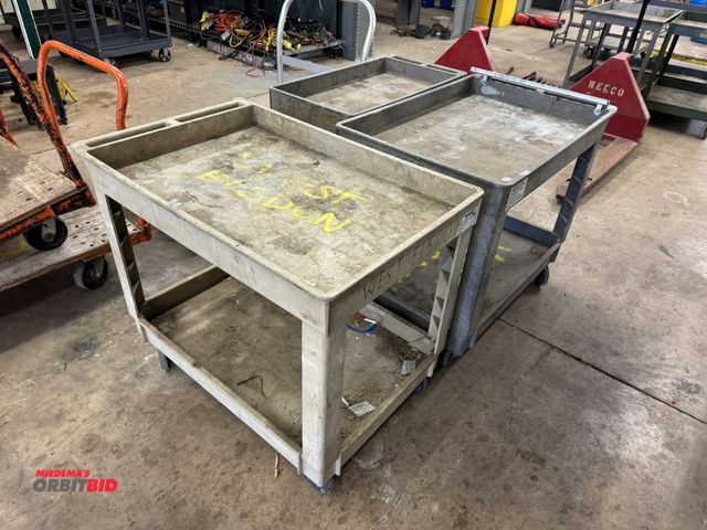 Lot 1-6302 - Lot of (3) assorted poly product carts, 2 are 40" long x 25.5" wide x 32.5" tall, and 1 is 34" long ...
