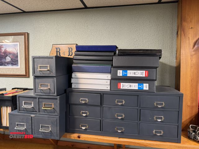 Lot 1-4598 - Lot of (1) 9-drawer metal cabinet (pull out drawer), 30.5" wide x 12" deep x 12.5" tall, and (2) Col...