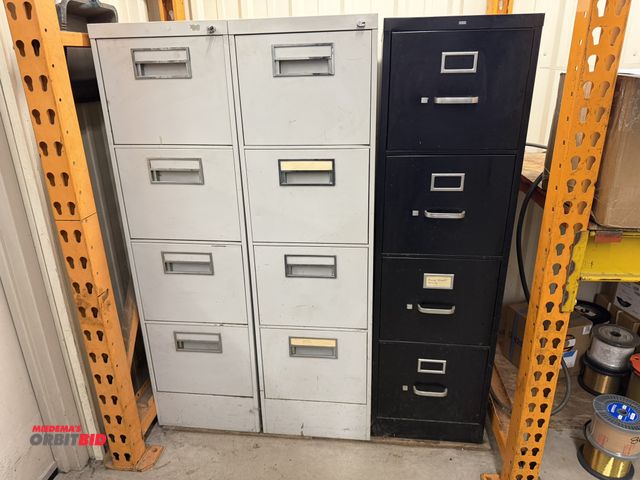 Lot 1-2097 - Lot including (2) 15" width x 53" height x 29" depth, 4-drawer steel file cabinets, and (1) Hon 15" ...