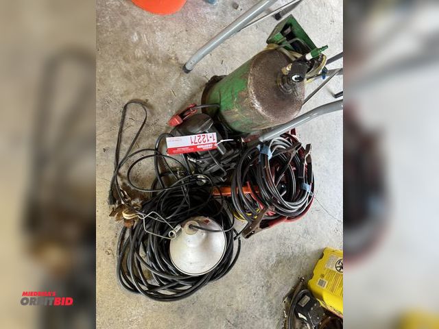 Lot 1-12271 - Lot of assorted automotive items, includes small portable air tank, battery charger, work light, jum...