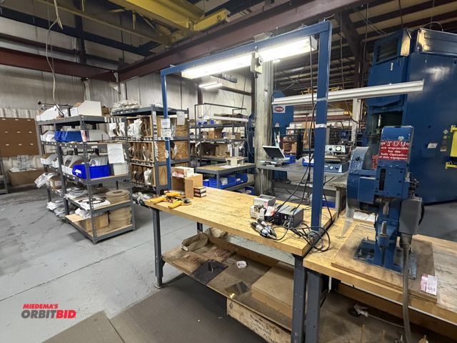 Lot 1-18891 - (1) steel frame butcher block top 60" x 30" with overhead light and balancer tool.