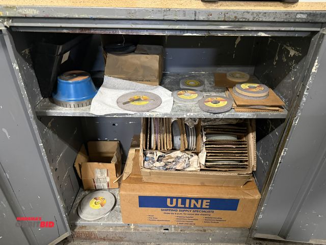 Lot 1-18579 - (1) 36", 2-door cabinet with contents, includes assorted Norton 32A grinding wheels, assorted cut of...