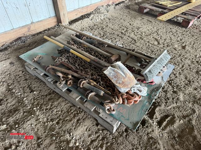 Lot 1-18306 - Lot of (5) ratcheting chain binders, (4) snap style chains binders, various chains, spade and square...