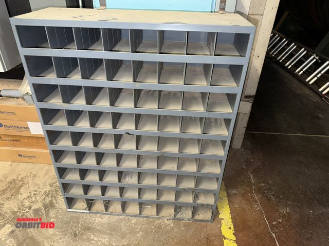 Lot 1-16997 - (1) 34" width x 42" height x 12" depth steel hardware storage unit with 72 individual divided compar...