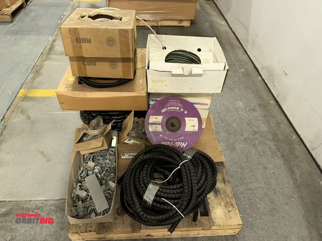 Lot 1-17400 - (1) skid of assorted spiral cut cable wrap, tubing, assorted hardware, and miscellaneous other items...