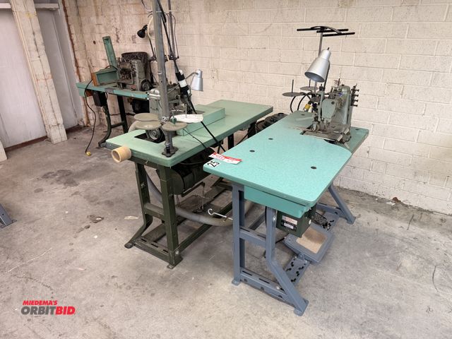Lot 1-7234 - Lot Of (3) Apex Sewing Machines Equipped W/ Table, Foot Pedal Control &amp; Dust Collector Unit