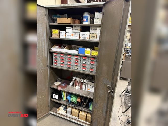 Lot 1-15173 - (1) heavy duty 2-door cabinet, 39 3/4" wide x 21" deep x 84" tall, with contents of sharpening stone...