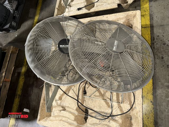 Lot 1-5350 - Lot of (2) Maxess, 120V, single phase post mount fans with approx. 26" diameter cages and 3 blades, ...