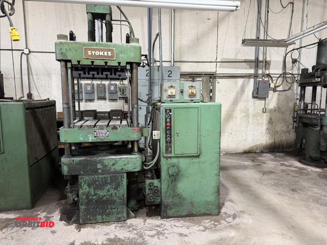Lot 1-13364 - F.J. Stokes 727-1 vertical hydraulic transfer compression molding machine 100-ton, 4-post, 24-ton tr...