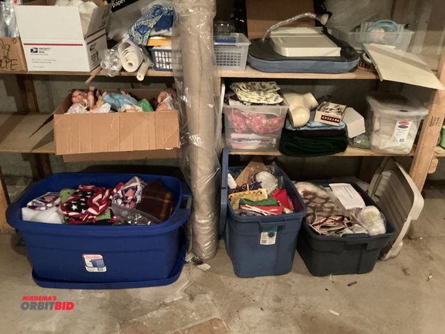 Lot 1-19306 - Large lot of assorted arts and crafts includes OfficeMax, cutting board, assorted dolls, fabric patt...