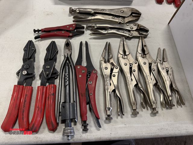 Lot 1-18512 - Lot of assorted vise grips, needle nose pliers, and more.
