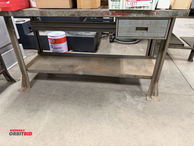 Lot 1-1878 - (1) 60" width x 33.5" height x 30" depth steel work bench with lower shelf and single drawer, conten...