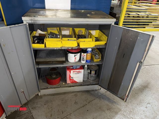 Lot 1-19003 - (1) 36" wide, 2-door cabinet, filled with assorted hardware, Wipe-All Wipes, carbon choke cleaner, e...