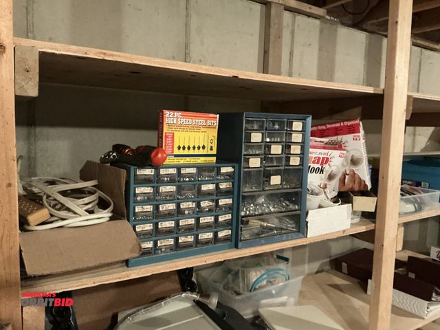 Lot 1-19305 - Large law of household hardware includes two small parts organizers with nuts, screws, bolts, washer...
