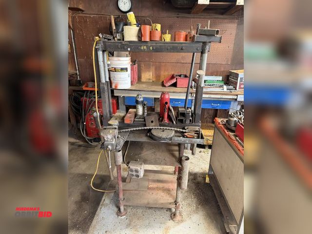 Lot 1-12116 - (1) steel H-frame press, approx. 28" wide opening, manual, 3.5" bench mounted vise with assorted acc...