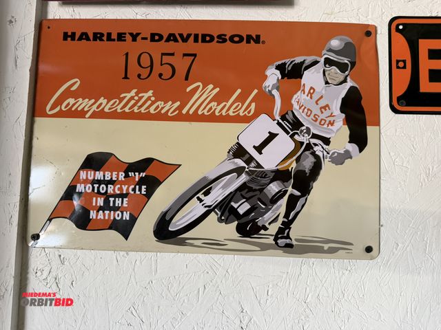Lot 1-8173 - (1) 17" x 11.5" tin reproduction "Harley Davidson 1957 Competition Models" sign.