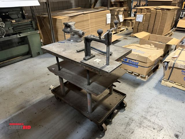 Lot 1-18812 - (1) rolling metal cart, 24" wide x 36" long x 34" tall with press and 5" bench vise.