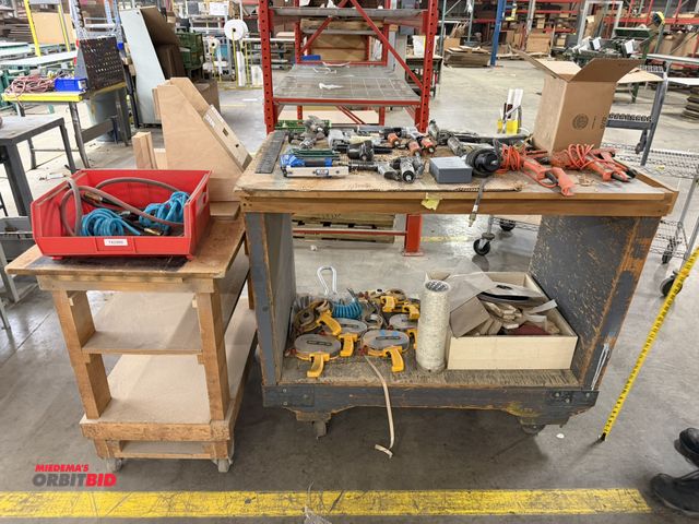 Lot 1-17495 - Large lot of assorted pneumatic tools, includes wooden cart, approx. 53" x 32" x 42" tall with assor...