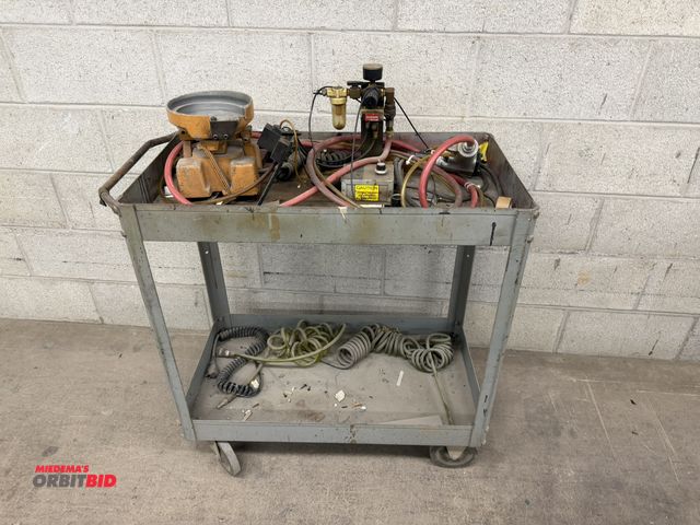 Lot 1-17228 - (1) 30" length x 32" height x 16" depth, 2-tier steel cart with a vibratory hardware machine, (1) Bo...