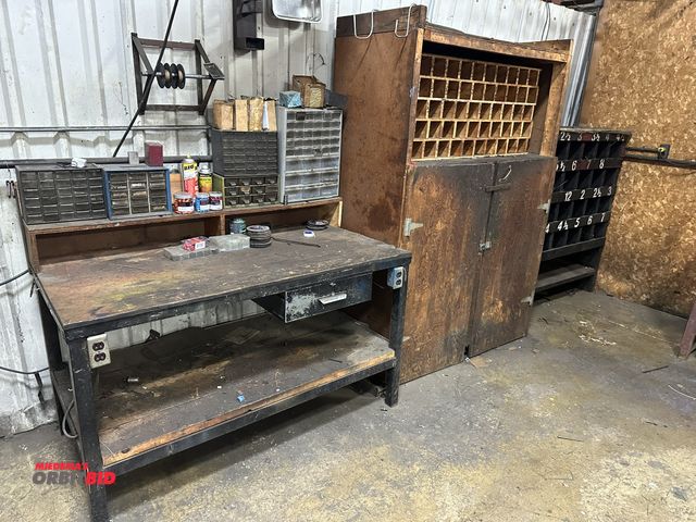 Lot 1-14414 - (1) 58-1/2" width x 33" height x 31" depth steel framed work bench with single drawer and contents i...