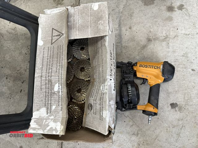Lot 1-571 - (1) Bostitch pneumatic roofing gun, (1) full box and (1) partial box of coil roofing nails.
