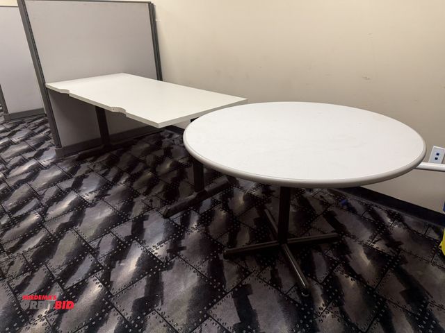 Lot 1-11183 - (1) 42" width x 30" height metal framed table with formica top and rubber edging, (1) 66" width x 28...