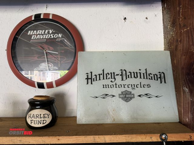 Lot 1-8191 - Lot including (1) 16" x 12" Harley Davidson Motorcycles glass covered sign, (1) porcelain Harley Fun...